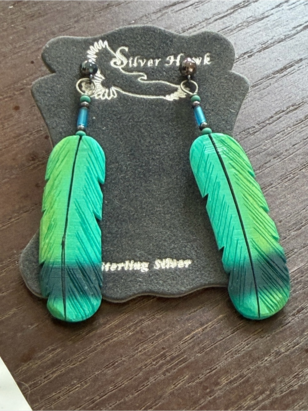 Hand Painted Green Violet Eared Hummingbird Feather Earrings - Sterling Silver